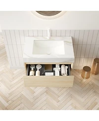 Sillysis 30 Inch Wall Mounted Bathroom Vanity with Led Shelf, Sintered Stone Top, Ceramic Sink, Soft Close Drawer for Modern Bathrooms