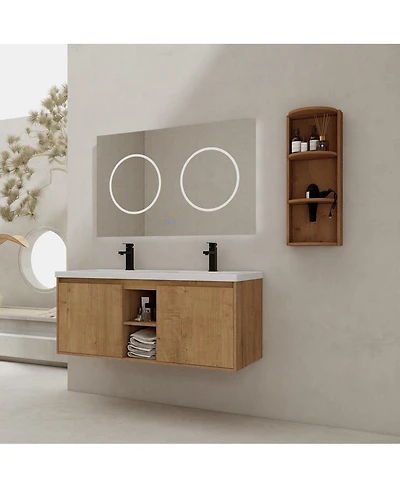 Sillysis 48 Inch Wall Mounted Double Sink Bathroom Vanity with Storage Rack, Soft Close Doors, Open Shelves, Modern Floating Cabinet
