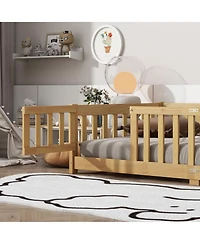 Sailvan Twin Floor Bed with Fence and Door, Solid Rubber Wood Kids Platform Bed Frame