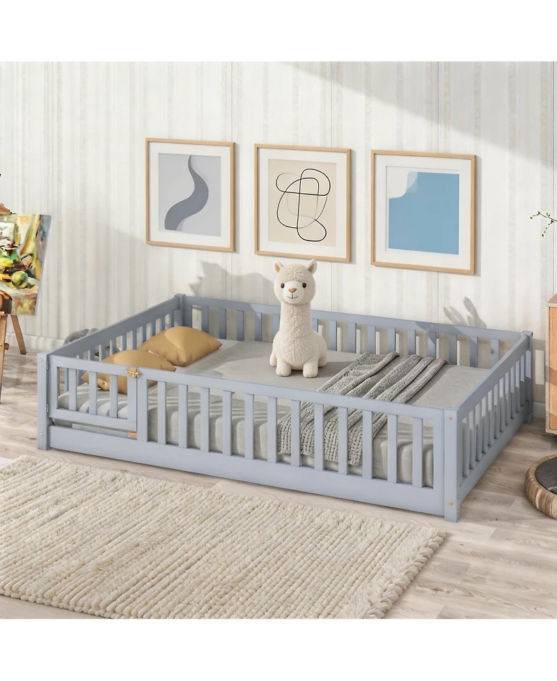 Sailvan Floor Bed with Fence and Door, Solid Wood Kids Platform Frame