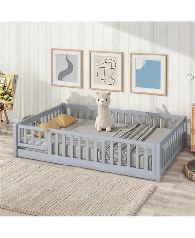 Sailvan Floor Bed with Fence and Door, Solid Wood Kids Platform Frame