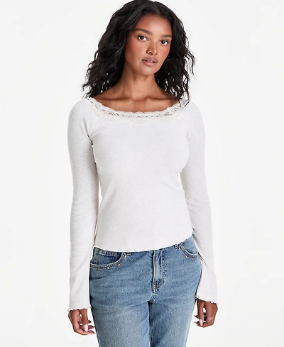 And Now This Petite Lace Trim Scoop Knit Ribbed-Knit T-Shirt, Macy's Exclusive