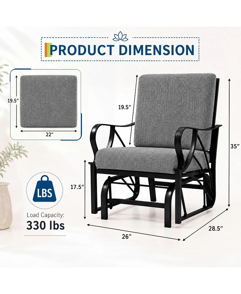 homfan Set of 2 Patio Glider, Outdoor Glider Chair with Removable Cushion and Heavy Duty Metal Frame for Garden or Yard