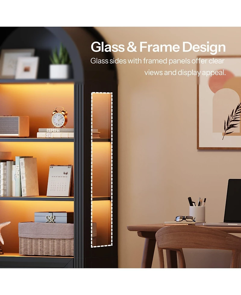 Slickblue Tall Bookcase with Led Lighting, Arched Design and 2 Drawers