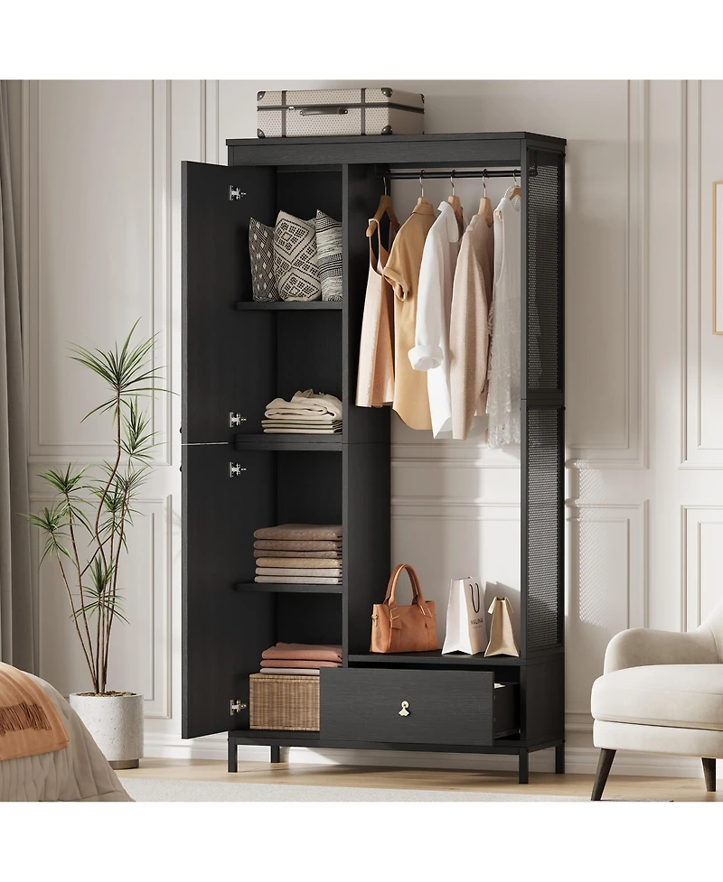 homfan Spacious Storage Armoire Wardrobe, 78.9'' Modern Wood Frame, Drawers, Shelves, Hanging Rod, Freestanding Cabinet, for Clothes, Entryway