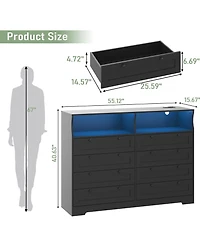 homfan 55.1" 8-Drawer Engineered Wood Dresser with Led Lights, Power Outlet, Shelves and Curved Edge Design for Bedroom