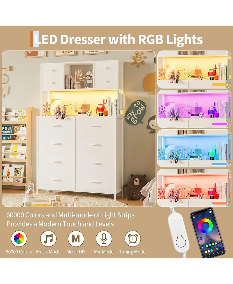 homfan 12 Drawer Dresser, 56 Inch Fabric Storage Cabinet with Led Light and Charging Station for Bedroom/ Living Room / Entryway