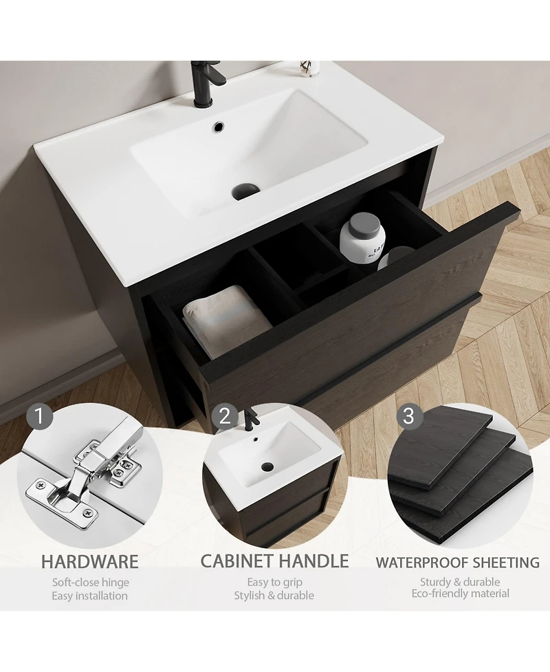 Phying 30 Inch Bathroom Vanity Cabinet With Ceramic Sink Modern Wall Mounted Floating Fluted Vanity With Drawers