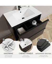 Phying 30 Inch Bathroom Vanity Cabinet With Ceramic Sink Modern Wall Mounted Floating Fluted Vanity With Drawers