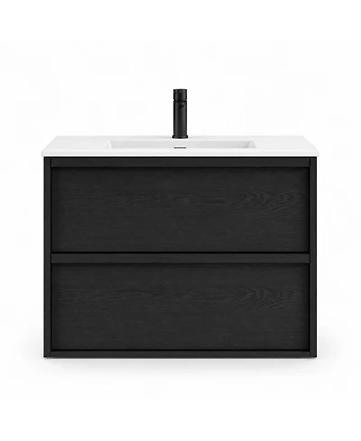 Phying 30 Inch Bathroom Vanity Cabinet With Ceramic Sink Modern Wall Mounted Floating Fluted Vanity With Drawers