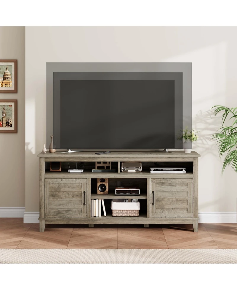 homfan 63 Inch Brown Farmhouse Wood Tv Stand, Entertainment Center with Adjustable Shelves, Tv Stand with Cabinet Doors, for Living Room, Bedroom