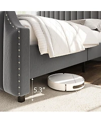 homfan Velvet Bed Frame, 50.2" Tall Headboard and Footboard, Upholstered Platform Bed with Nailhead Trim, No Box Spring Needed