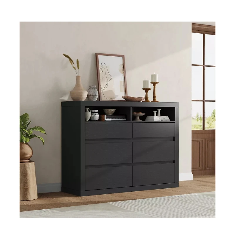 homfan 6 Drawer Dresser for Bedroom, Modern Mid Century Chest of Drawers with 2 Open Shelves, 47" Wooden Double Tv Stand Closet