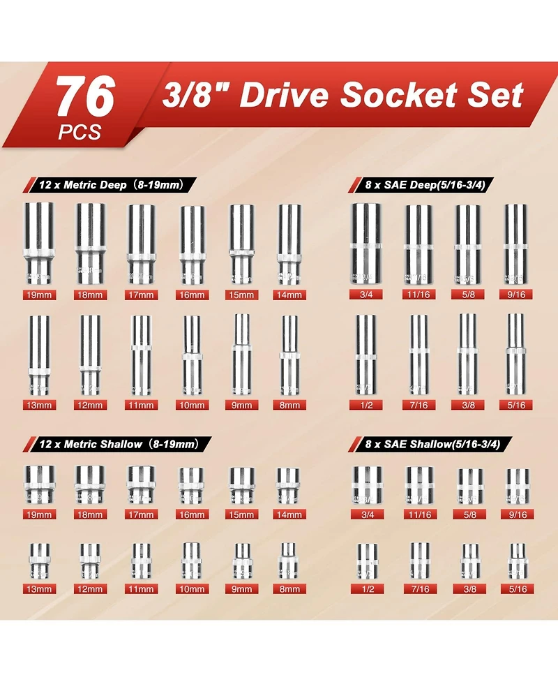 Xdovet 3/8inch Drive Socket Set Ratchet Wrench Metric Sae Auto Repair