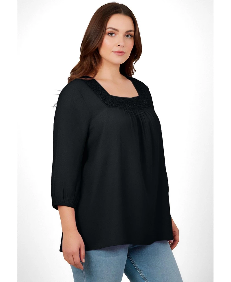 Avenue Women's Plus Lace Neckline Peasant Blouse