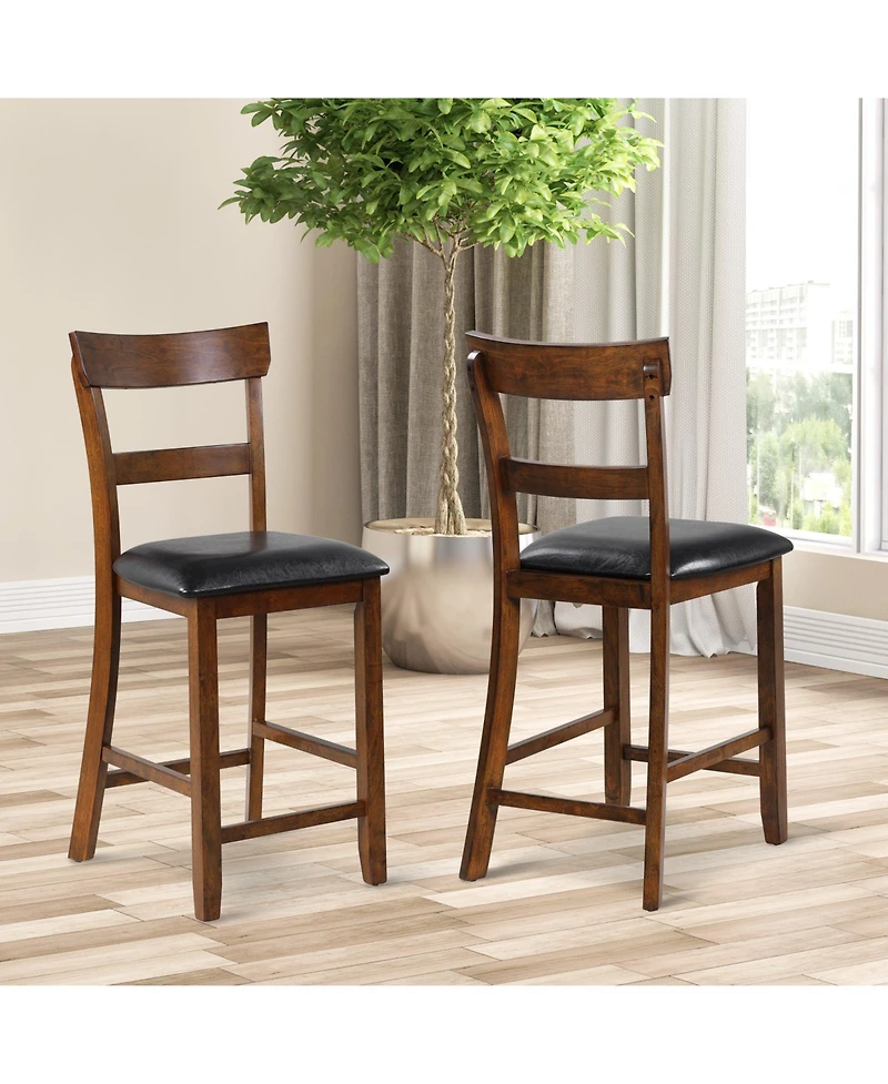Gymax Set of Barstools Counter Height Chairs with Leather Seat and Rubber Wood Legs