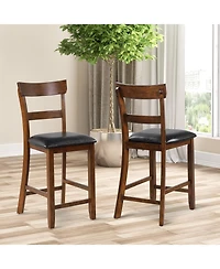 Gymax Set of Barstools Counter Height Chairs with Leather Seat and Rubber Wood Legs