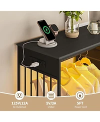 homfan 6 Drawer Dresser, 49 Inch Wood Tall Storage Cabinet with Hanging Rack and Led Lights for Bedroom Living Room Entryway