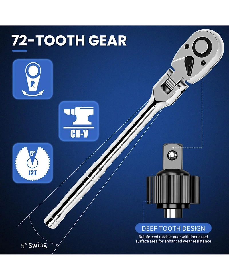 Xdovet Flex Head Ratchet Set 1/4 3/8 1/2 Drive 72-Tooth Swivel Quick-Release Extension Eva Case