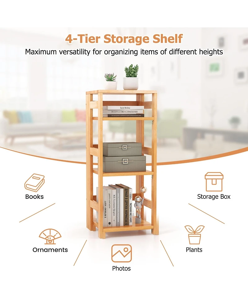 Gymax 4 Tier Bookshelf Floor Storage Shelf with Rubber Wood Frame Anti Toppling Kits