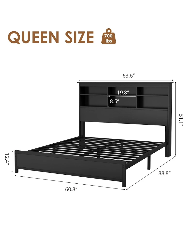 homfan Bed Frame with Bookcase Headboard, 2-Tier Storage Platform Bed with Charging Station, No Box Spring Needed