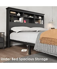 homfan Bed Frame with Bookcase Headboard, 2-Tier Storage Platform Bed with Charging Station, No Box Spring Needed