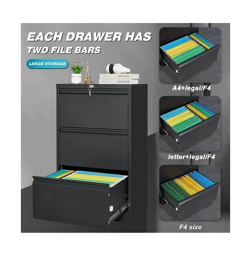 homfan Lateral File Cabinet with Lock 3-Drawer Steel Filing Cabinet for Home Office - Legal/Letter/A4/F4 Files