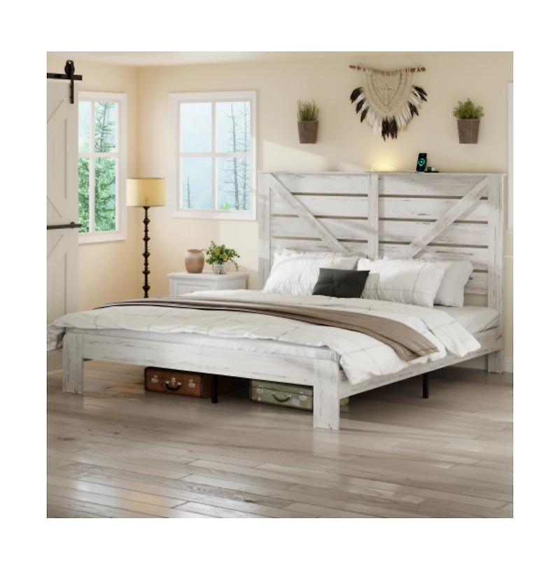 Lucky One King Size Wood Platform Bed Frame with Metal Frame, Industrial Style, Heavy Duty Steel Slats, No Box Spring Needed