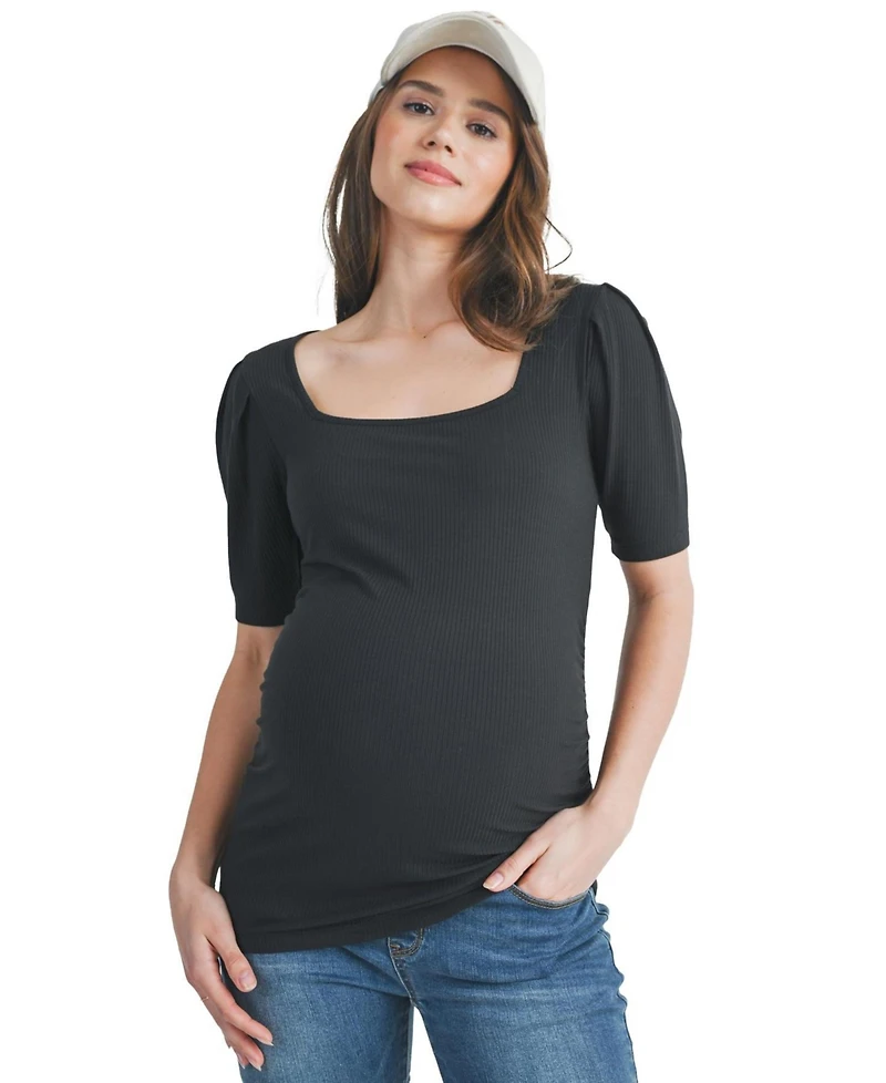 Hello Miz Women's Ribbed Puff Sleeve Square Neck Top