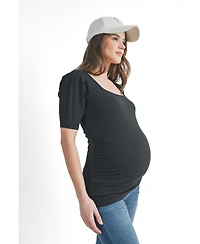 Hello Miz Women's Ribbed Puff Sleeve Square Neck Top