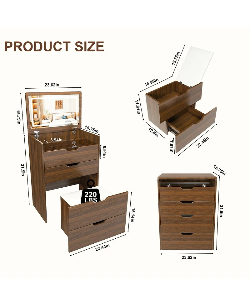 Streamdale Furniture 3-in-1 Vanity Desk with Flip Top Mirror Lighted Makeup Table and Stool