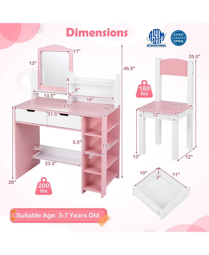 Slickblue Kids Vanity Set with Chair and Mirror Storage Shelves and Drawers