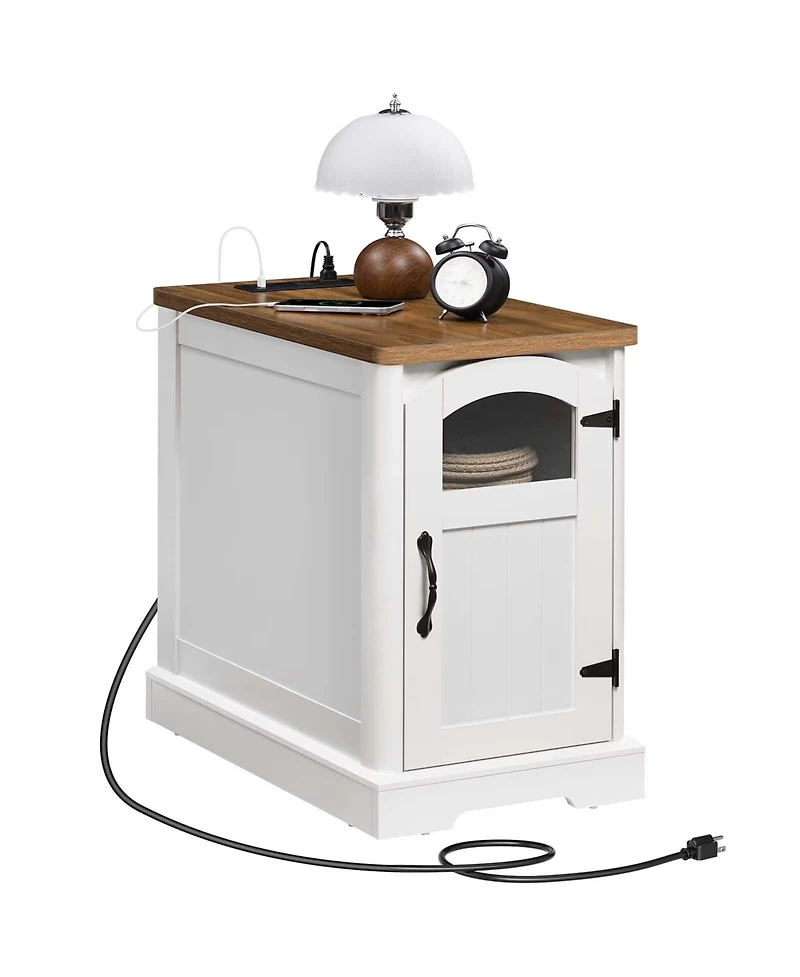 Slickblue Modern Side Table with Charging Station, Glass Door and Adjustable Shelf