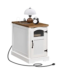 Slickblue Modern Side Table with Charging Station, Glass Door and Adjustable Shelf