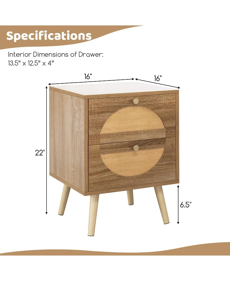 Slickblue Modern Rattan Bedside Tables Set of 2 with 2 Drawers and Wood Legs