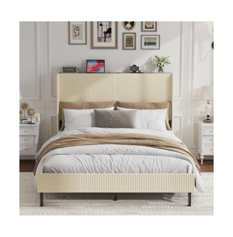 Lucky One Queen Size Metal Platform Bed Frame with Storage Headboard, Usb Charging, Heavy Duty Metal Slats, No Box Spring Needed