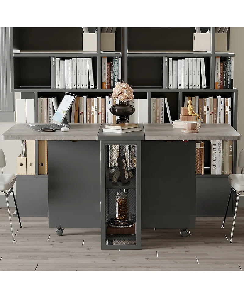 homfan Folding Drop Leaf Dining Table Set Expandable Table with 2 Storage Racks and 6 Wheels, Modern Industrial Seats 4-6