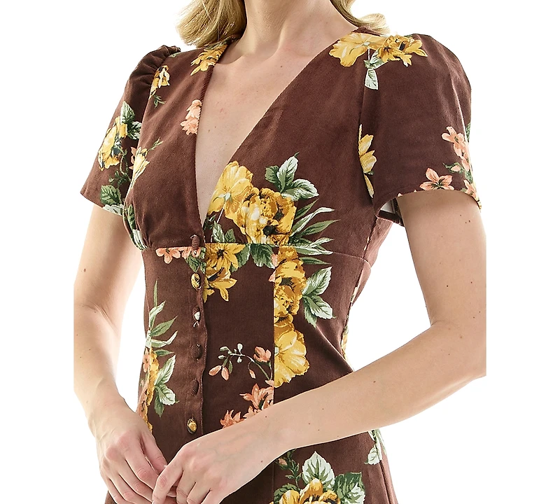 Rare Juniors' Floral V-Neck Lace-Back Short Flutter-Sleeve Mini Dress