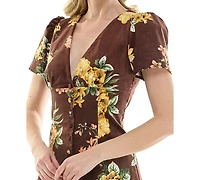 Rare Juniors' Floral V-Neck Lace-Back Short Flutter-Sleeve Mini Dress