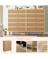 gaomon Garvee Natural Rattan 5-Drawer Dresser, Deep Storage & Wide Top for Bedroom