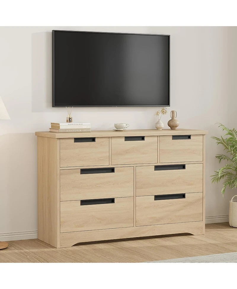 gaomon 7-Drawer Modern Oak Dresser Bedroom Storage Cabinet with Embedded Handles, Chest for Living Room, Nursery, Natural Oak