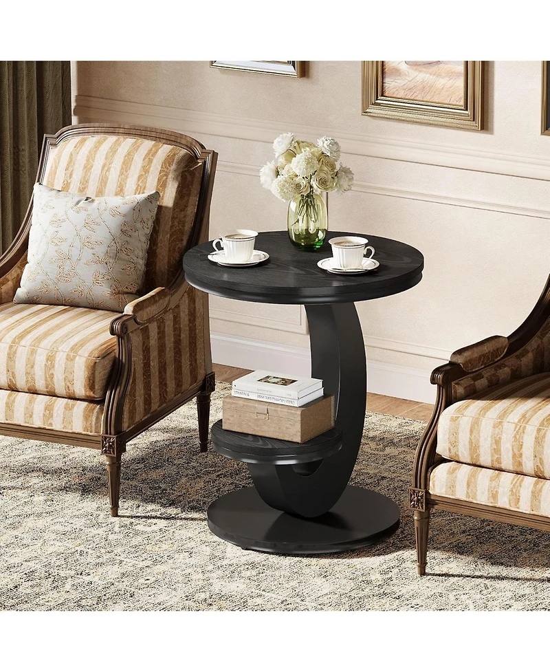 Tribesigns Round End Table, 2 Tiers Side Table with Storage Shelf, C-Shaped Frame for Small Spaces, Living Room, Easy to Assemble