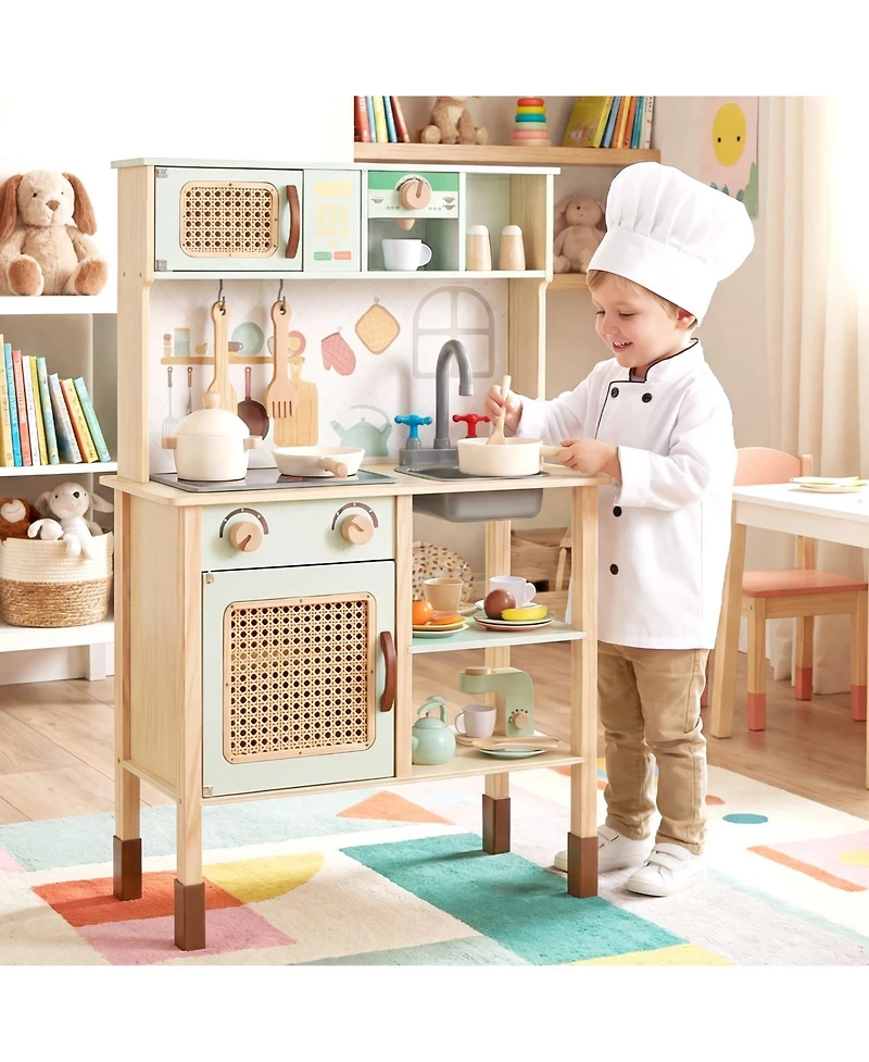 Gymax Kids Play Kitchen Wooden Pretend Kitchen Playset with Rattan Doors Wood Legs