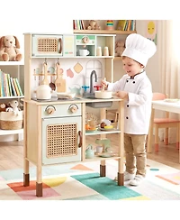 Gymax Kids Play Kitchen Wooden Pretend Kitchen Playset with Rattan Doors Wood Legs