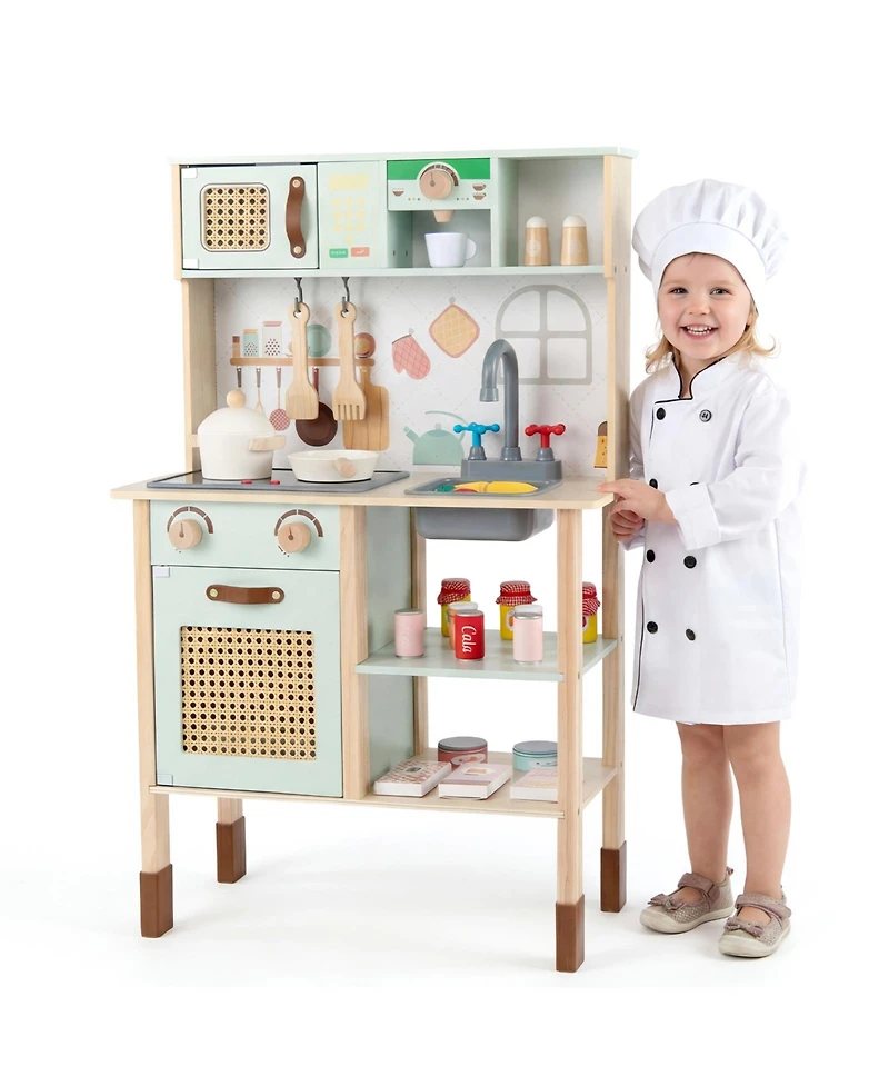 Gymax Kids Play Kitchen Wooden Pretend Kitchen Playset with Rattan Doors Wood Legs