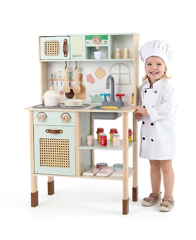 Gymax Kids Play Kitchen Wooden Pretend Kitchen Playset with Rattan Doors Wood Legs