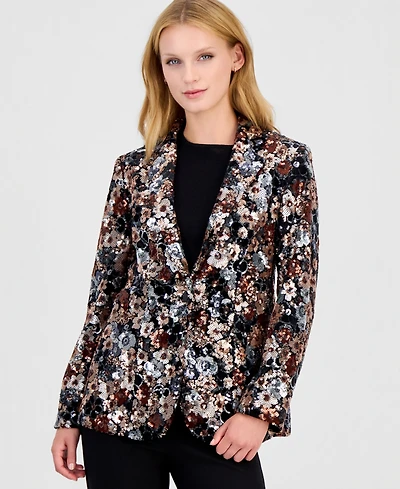 Anne Klein Women's Floral Sequin One-Button Blazer
