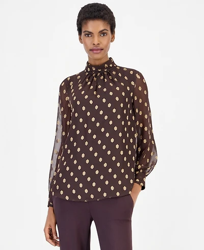 Anne Klein Women's Long-Sleeve Mock Neck Keyhole Blouse