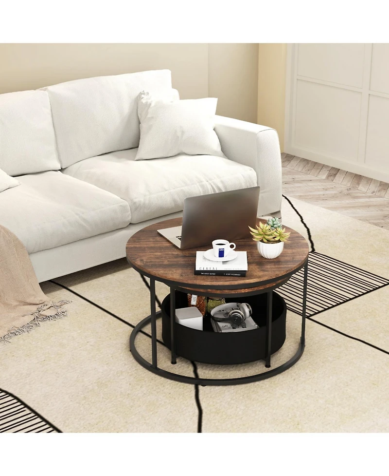 Slickblue Round Cocktail Table Set of 2 with Built-In Fabric Storage Basket