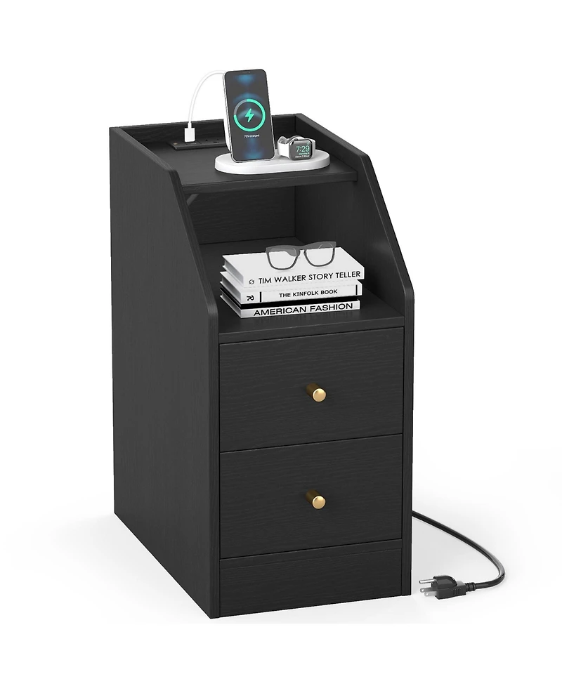 Slickblue End Table with Charging Station, Sofa Side Drawers and Storage Shelf